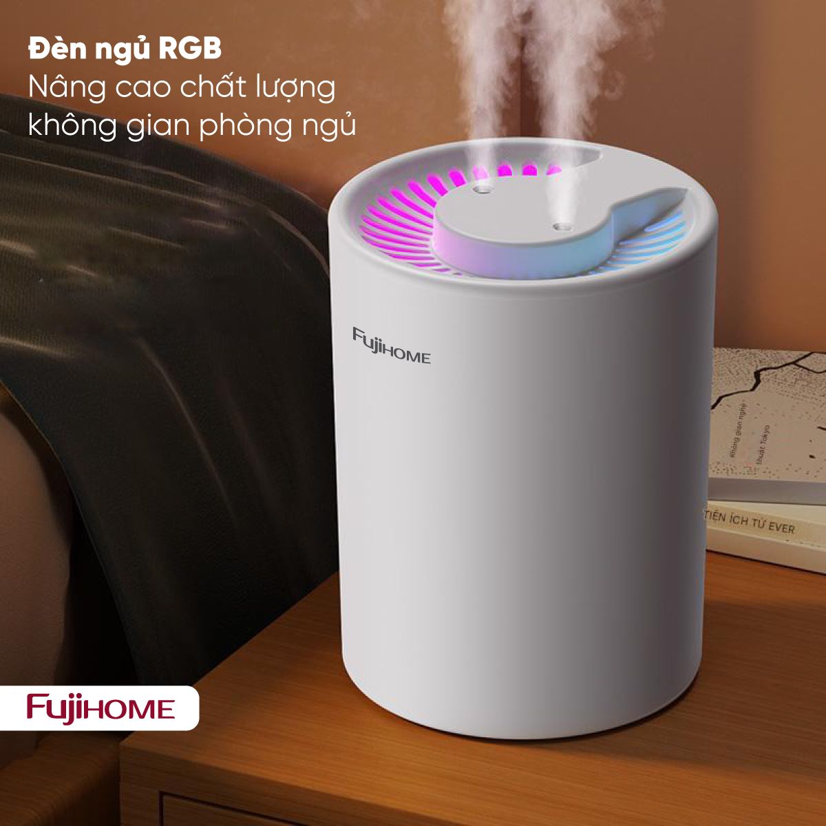 Máy tạo ẩm Fujihome HM05A 5L cắm USB – 2 vòi sương, đèn ngủ 7 màu cho phòng ngủ