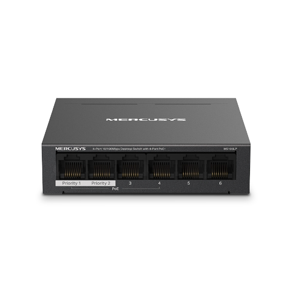 SWITCH ĐỂ BÀN 6 CỔNG 10/100M, 4 X CỔNG POE+, VỎ KIM LOẠI (MS106LP) | Mercusys | Hàng chính hãng