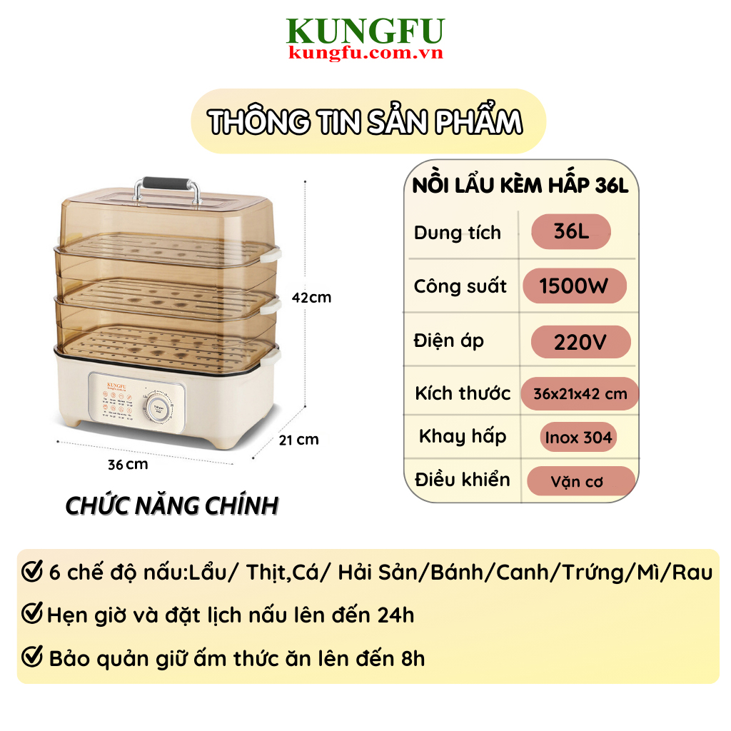 Nồi lẩu hấp đa năng Kungfu KF-NHM01 (vặn cơ) | Hàng chính hãng