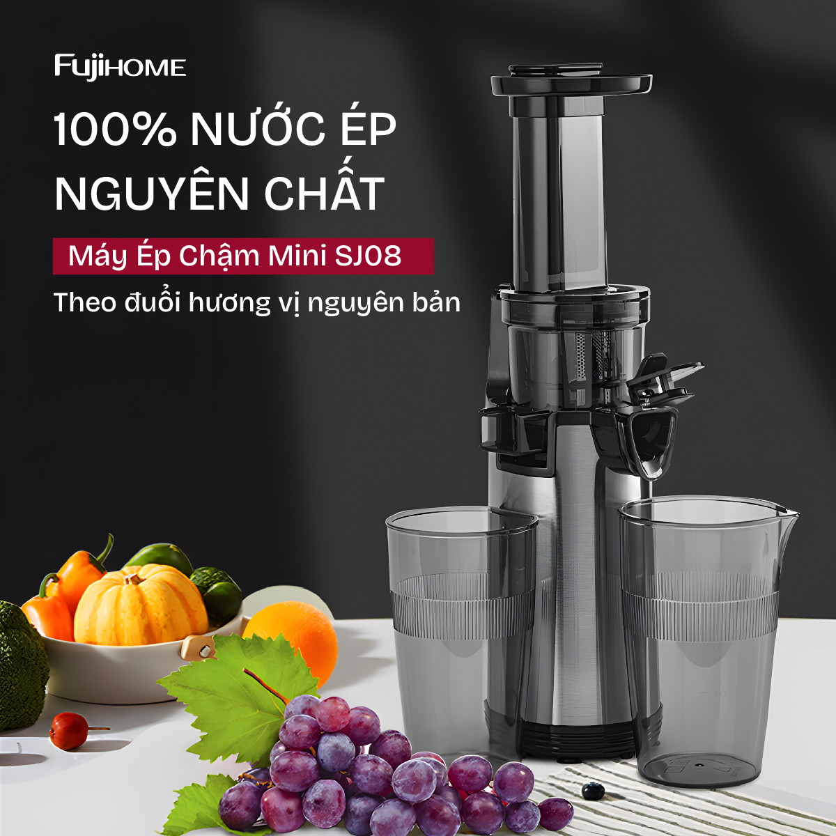 Máy ép chậm mini Fujihome SJ08 chạy êm, gọn cho bếp nhỏ