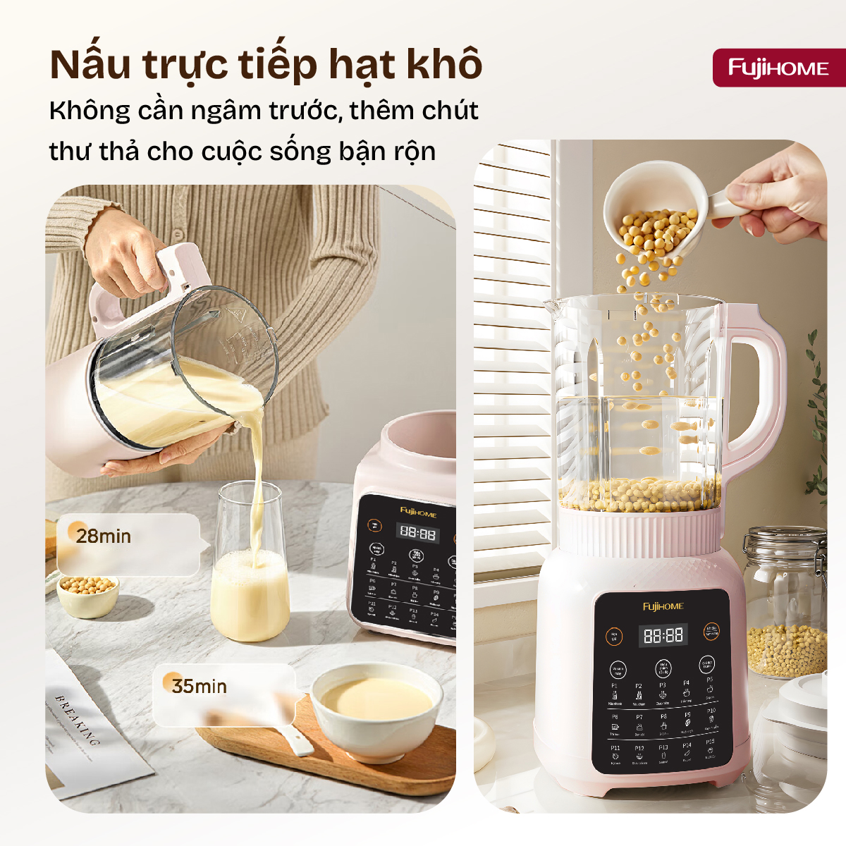 Máy làm sữa hạt Fujihome SM01B cối thủy tinh 1,75 lít – 15 món cho nhà đông người