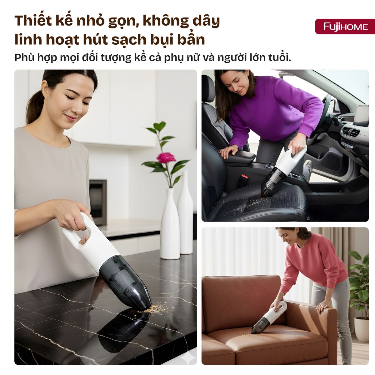 Máy hút bụi cầm tay Fujihome VC01 không dây, nhẹ 0,61 kg cho sofa và ô tô