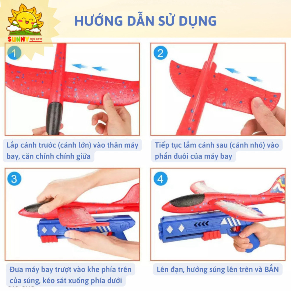 Combo 3 Máy Bay Bằng Xốp Loại Lớn Và 1 Dụng Cụ Phóng, Bộ Đồ Chơi Máy Bay An Toàn, Bền Chắc, Có Đèn Led Đẹp - Sunny Kids