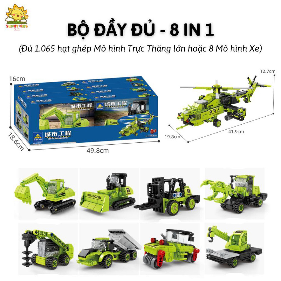 Bộ Đồ chơi lắp ráp Mô hình, 8 IN 1, kích thước lớn 42cm, 1065 hạt, nhựa ABS rất chắc chắn, đồ chơi sáng tạo - Sunny Kids