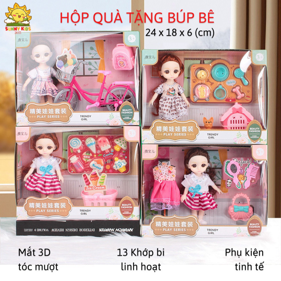 Hộp Quà Tặng Búp Bê Cho Bé Gái, 24x18x6cm, Mắt 3D Sinh Động, 13 Khớp Cử Động Linh Hoạt, Vật Liệu Cao Cấp - Sunny Kids