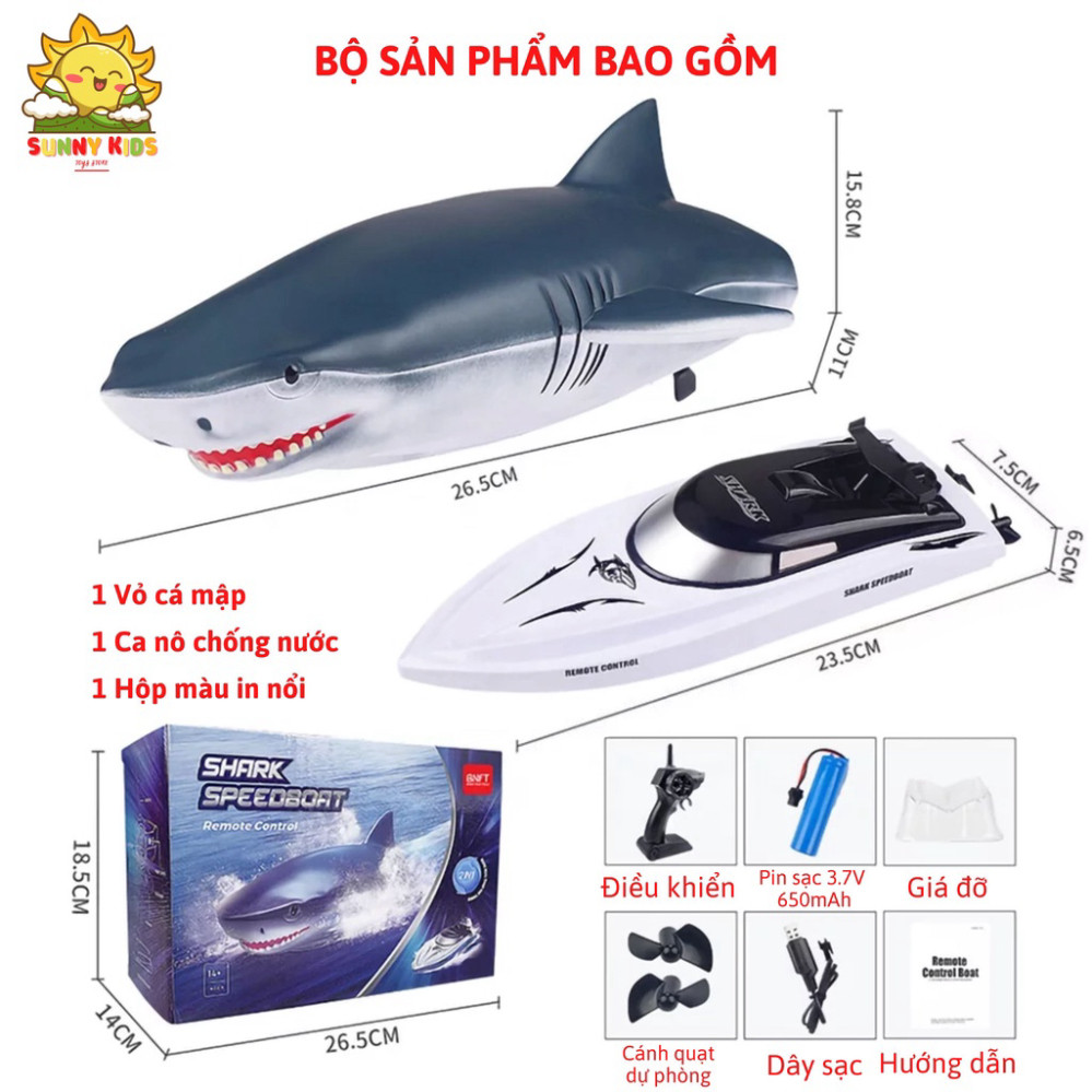 Đồ chơi Cano điều khiển từ xa JJRC RH705, Thiết kế 2 trong 1, Ca nô kèm vỏ Cá Mập độc lạ, PIN sạc, 2.4GHz - Sunny Kids