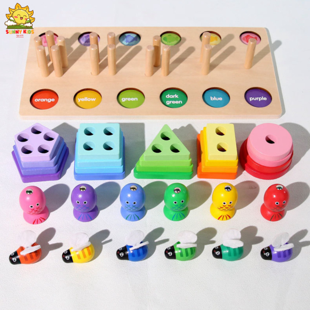 Đồ Chơi Trí Tuệ Bằng Gỗ Tư Nhiên, Bảng Đồ Chơi Gỗ Lắp Ráp Khối Hình Cơ Bản, Câu Cá, Gắp Ong, Cắt Trái Cây - Sunny Kids