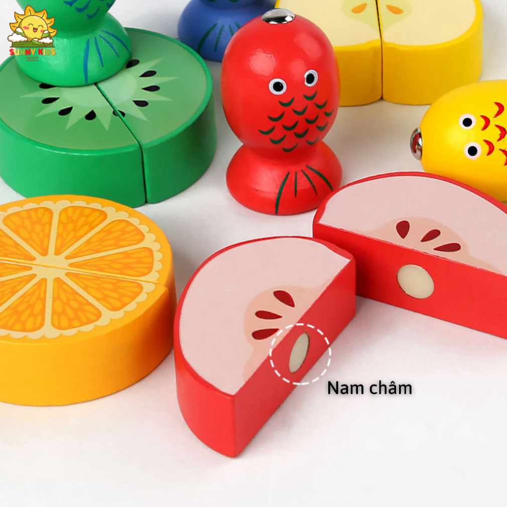 Đồ Chơi Trí Tuệ Bằng Gỗ Tư Nhiên, Bảng Đồ Chơi Gỗ Lắp Ráp Khối Hình Cơ Bản, Câu Cá, Gắp Ong, Cắt Trái Cây - Sunny Kids