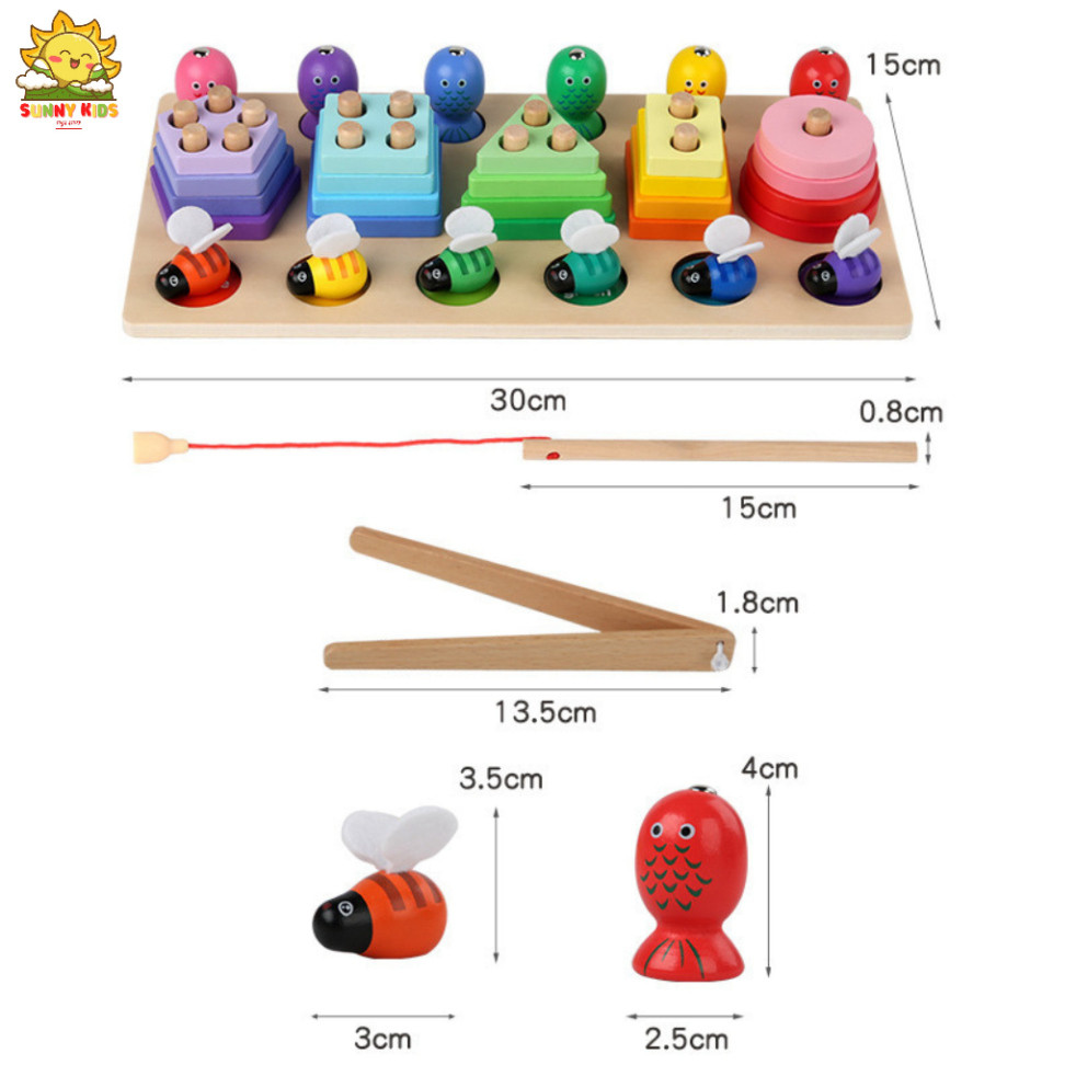 Đồ Chơi Trí Tuệ Bằng Gỗ Tư Nhiên, Bảng Đồ Chơi Gỗ Lắp Ráp Khối Hình Cơ Bản, Câu Cá, Gắp Ong, Cắt Trái Cây - Sunny Kids