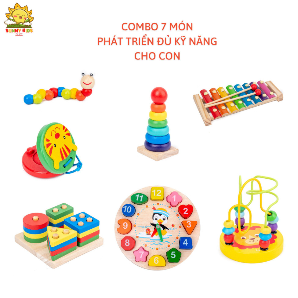 Combo Đồ Chơi Gỗ 7 Món, Bộ Đồ Chơi Gỗ Thông Minh Giúp Phát Triển Kỹ Năng Cho Bé, Chất Gỗ Tự Nhiên An Toàn - Sunny Kids