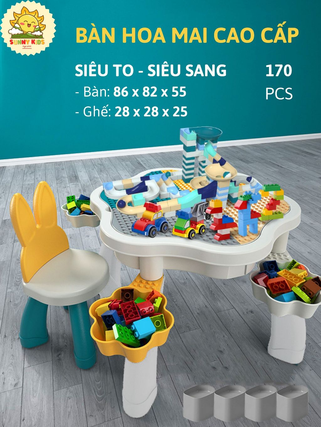 Bộ Bàn xếp hình Hoa Mai, kích thước siêu lớn, chắc chắn, đa năng, siêu đẹp, Đồ chơi khối lắp ráp thông minh - Sunny Kids