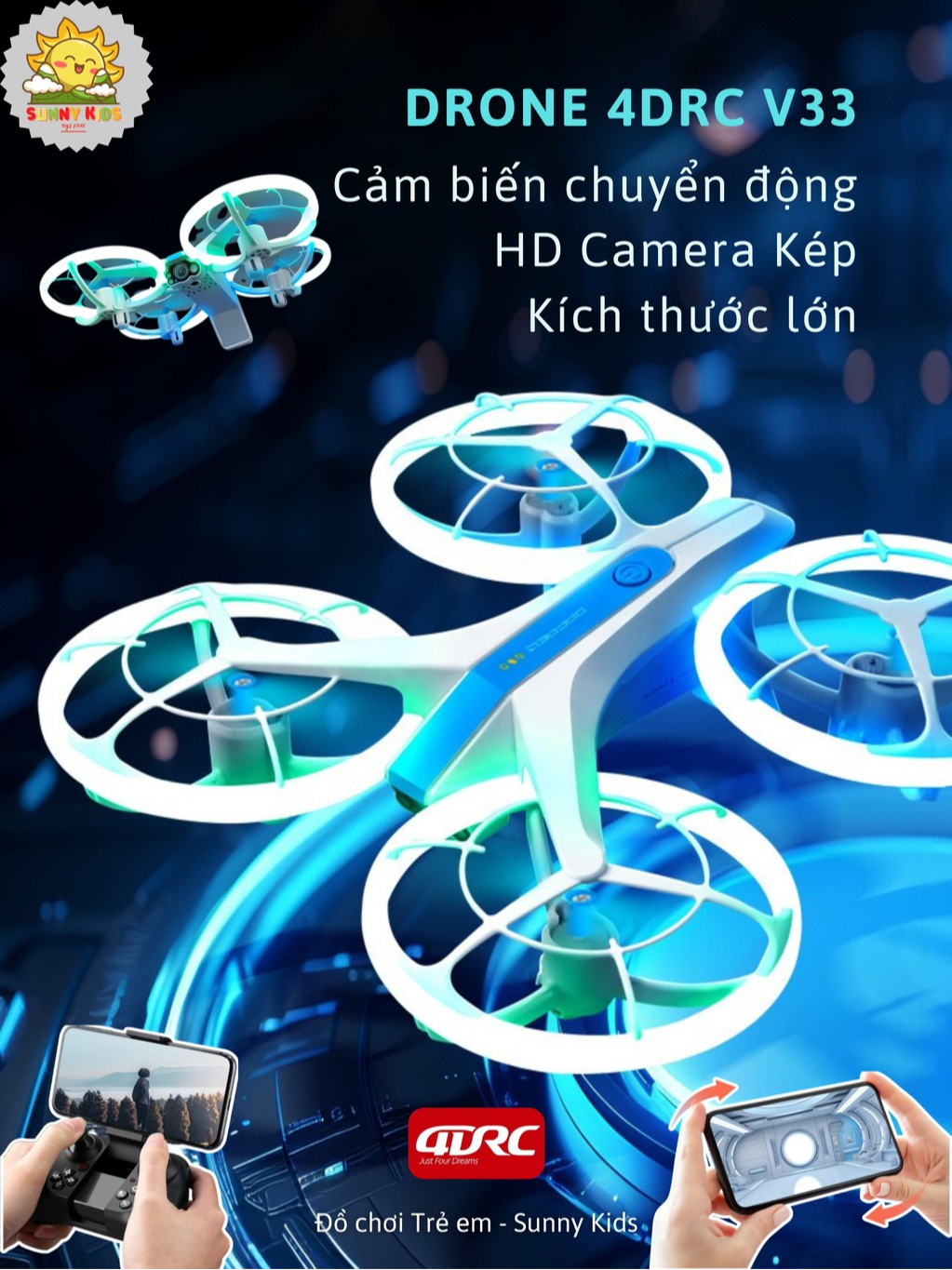 Đồ Chơi Drone 2 Camera HD 4DRC V33, Đèn Led Đẹp Mắt, Vỏ Bảo Vệ Cánh, Điều Khiển Trực Tiếp Từ Điện Thoại - Sunny Kids