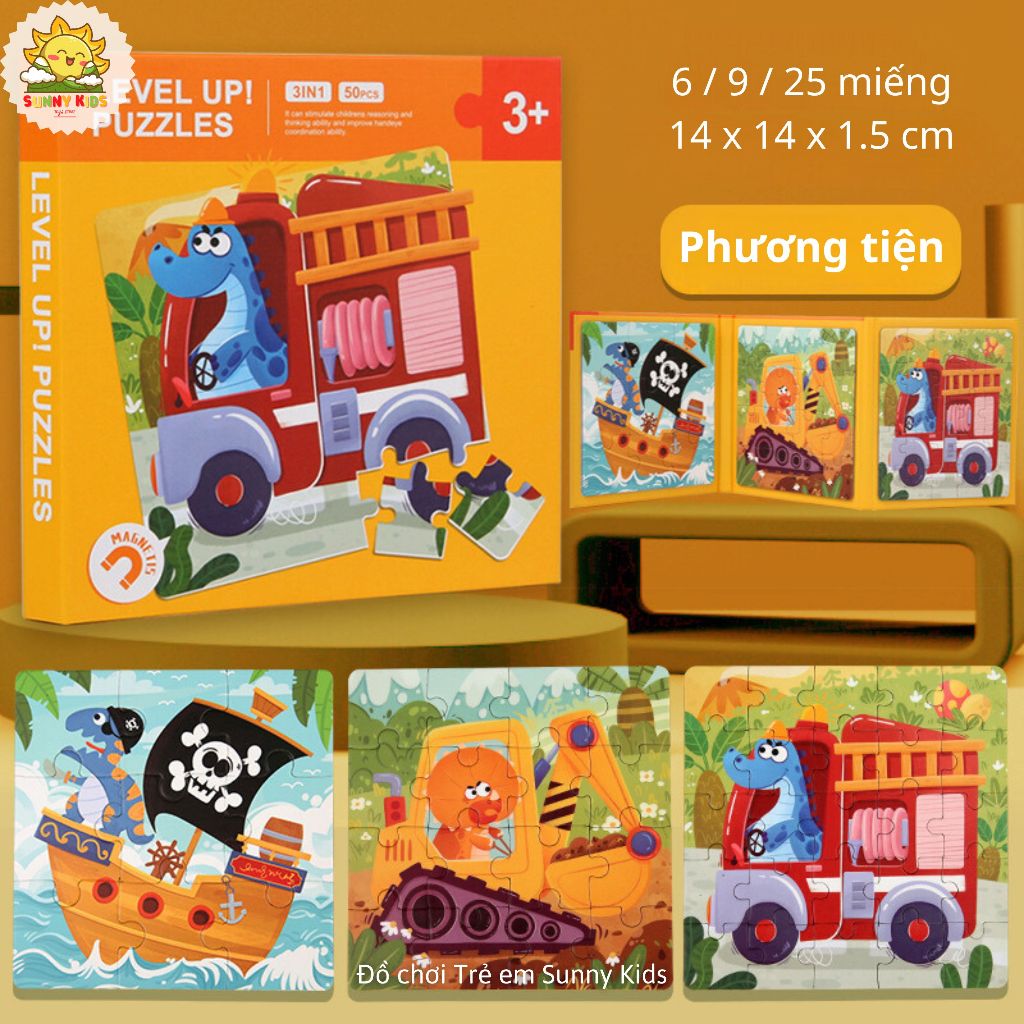 Đồ Chơi Gỗ Thông Minh Tranh Ghép Hình 3 in 1, Đồ Chơi Trí Tuệ Cho Bé Từ 1-3 Tuổi, Sách Ghép Tranh 3 Cấp Độ - Sunny Kids