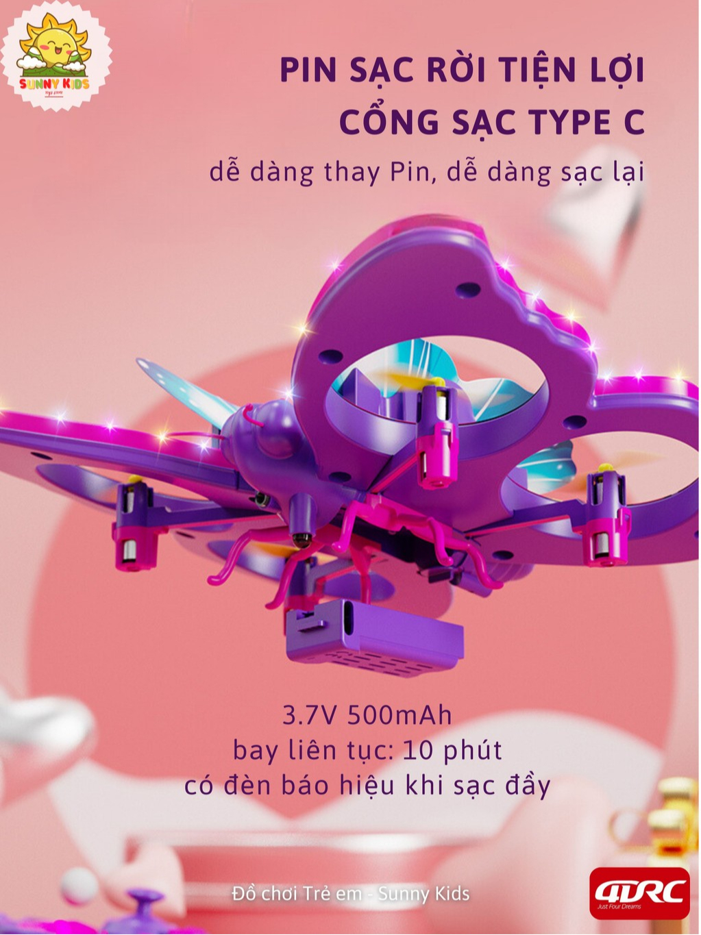 Drone 4DRC V40, Đồ Chơi Cho Bé Gái Hình Dáng Butterfly, Kích Thước Lớn, Điều Khiển Cảm Biến Chuyển Động - Sunny Kids