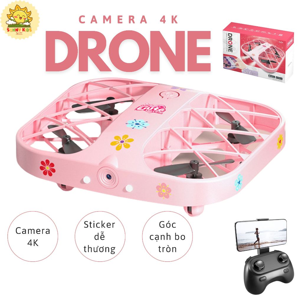 Drone Camera 4K JJRC H107 Màu Hồng cá tính, Sticker dễ thương, Đồ chơi Máy bay Điều khiển từ xa cho Bé gái - Sunny Kids
