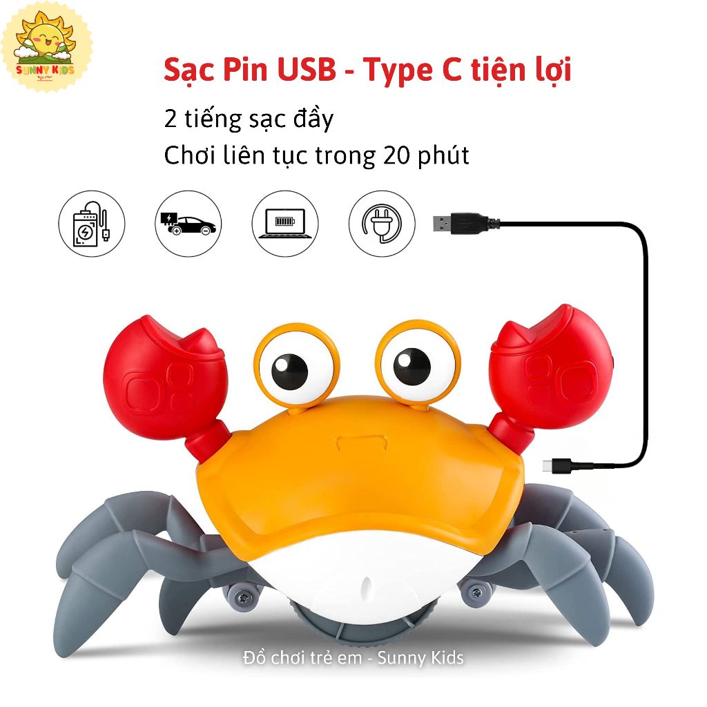 Đồ chơi Cho Bé Con Cua Tự Tránh Vật Cản, Bật/Tắt Nhạc Tiện Lợi, Pin Sạc Type C, 20 Phút Chơi Liên Tục - Sunny Kids