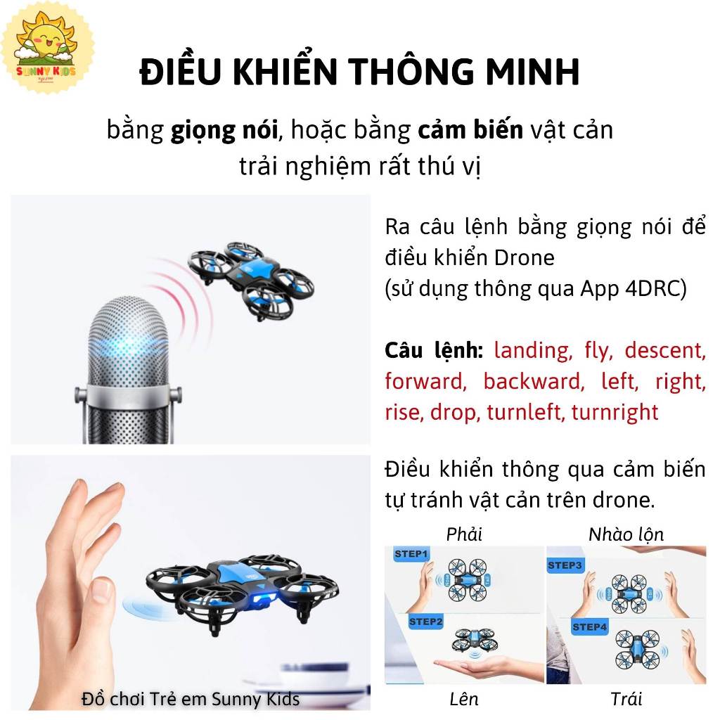 Drone Đồ Chơi Điều Khiển Từ Xa 4D-V8, Tự Tránh Chướng Ngại Vật, Điều Khiển Bằng Giọng Nói, Vỏ Bảo Vệ 360 độ - Sunny Kids