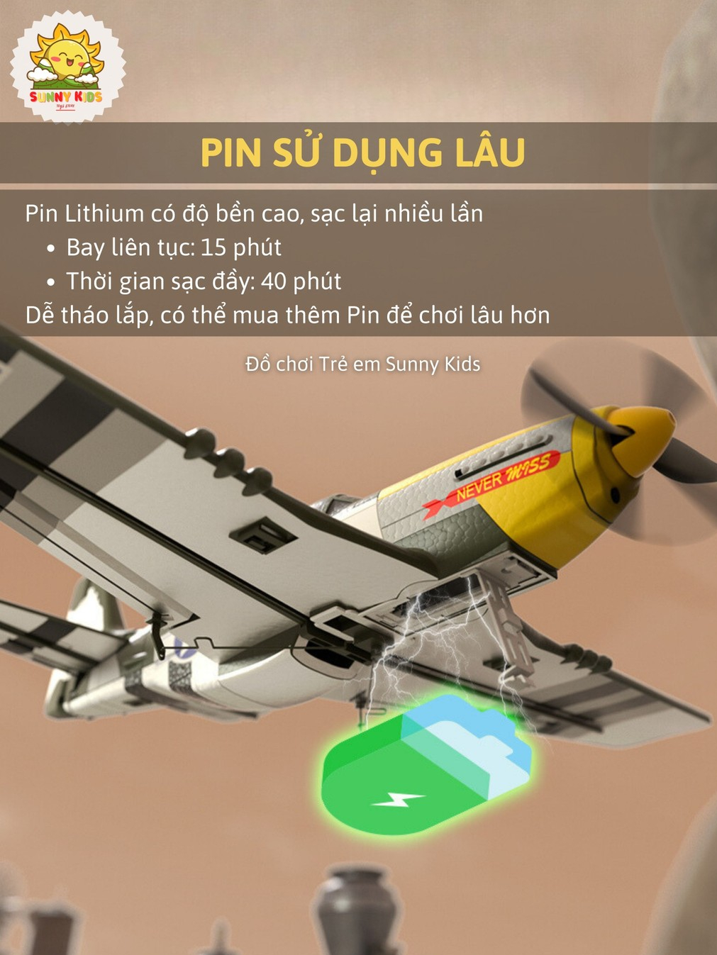 (4 KÊNH) Máy bay Điều khiển từ xa chuyên nghiệp P-51 MUSTANG W511, phạm vi 300m, 3 chế độ bay, tự cân bằng - Sunny Kids