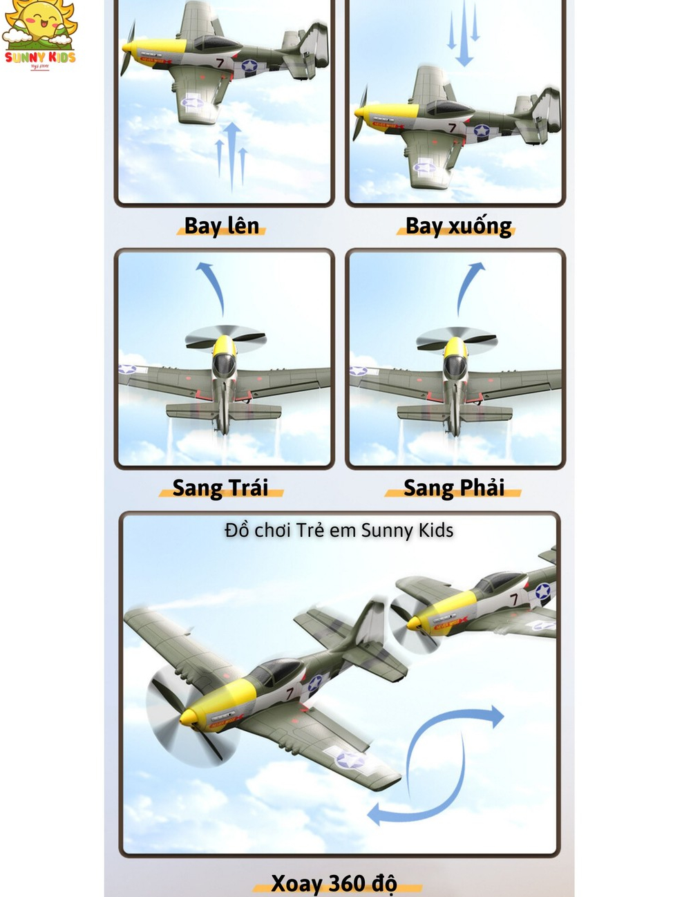(4 KÊNH) Máy bay Điều khiển từ xa chuyên nghiệp P-51 MUSTANG W511, phạm vi 300m, 3 chế độ bay, tự cân bằng - Sunny Kids