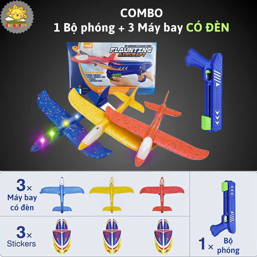 Combo 3 Máy Bay Bằng Xốp Loại Lớn Và 1 Dụng Cụ Phóng, Bộ Đồ Chơi Máy Bay An Toàn, Bền Chắc, Có Đèn Led Đẹp - Sunny Kids