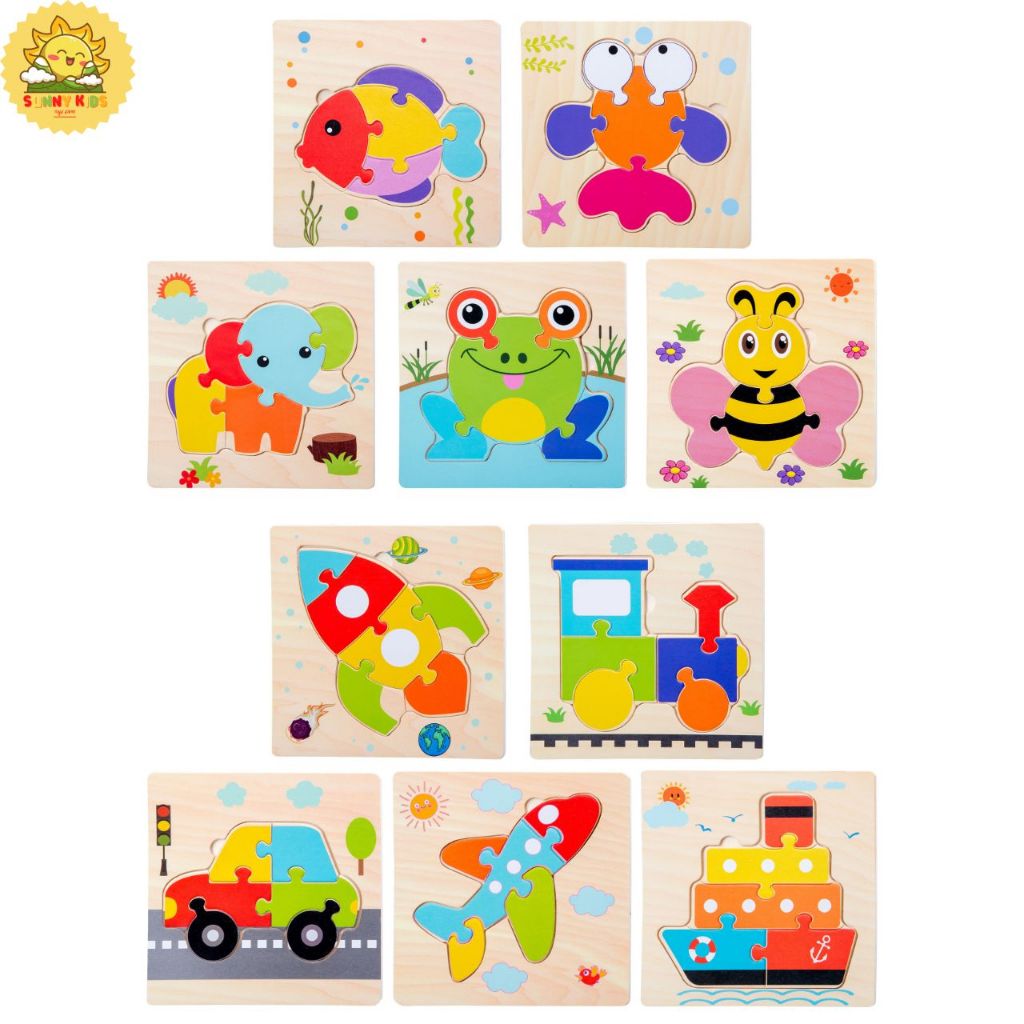 Bộ 5 Và 10 Tấm Tranh Lắp Ghép Bằng Gỗ, Đồ Chơi Gỗ Thông Minh, Bo Tròn Góc Cạnh, Chất Liệu An Toàn Cho Bé - Sunny Kids