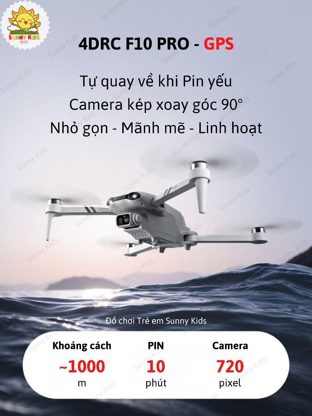 Drone 4DRC F10 Pro, Định Vị GPS Tự Quay Về Khi Mất Sóng, Flycam Giá Rẻ Có Camera Kép Xoay 90°, Bay Xa 1000m - Sunny Kids