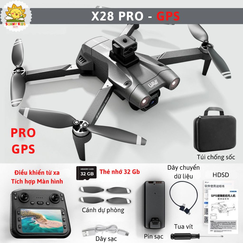 [GPS] Flycam JJRC X28 Pro 2025, Camera 1080p, Điều Khiển Tích Hợp Màn Hình HD, Tầm Bay 1000m, Tự Quay Về - Sunny Kids