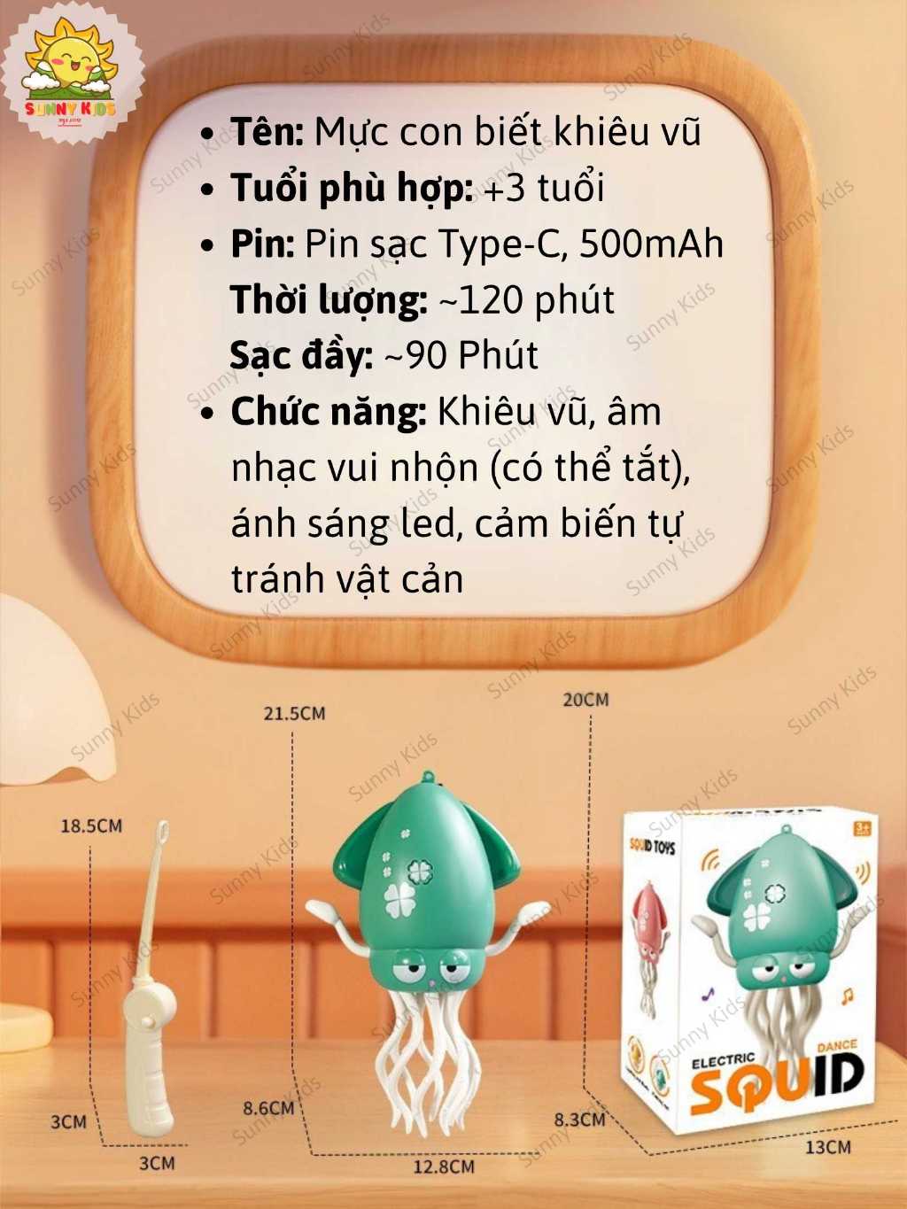 Đồ Chơi Con Mực Khiêu Vũ Thông Minh, Cảm Biến Tránh Vật Cản, Đèn LED Và Nhạc Vui Nhộn, Pin Sạc Type-C – Sunny Kids