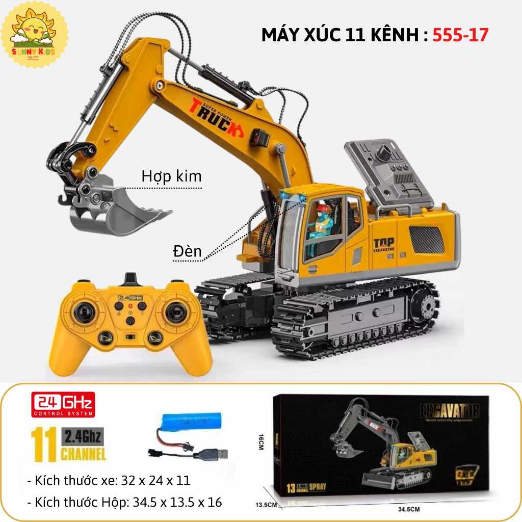 Xe Máy Xúc Đồ Chơi Điều Khiển Từ Xa 11 kênh, Nhiều Chức Năng Tự Động, Phát Nhạc, Gàu Đào Hợp Kim, PIN sạc - Sunny Kids