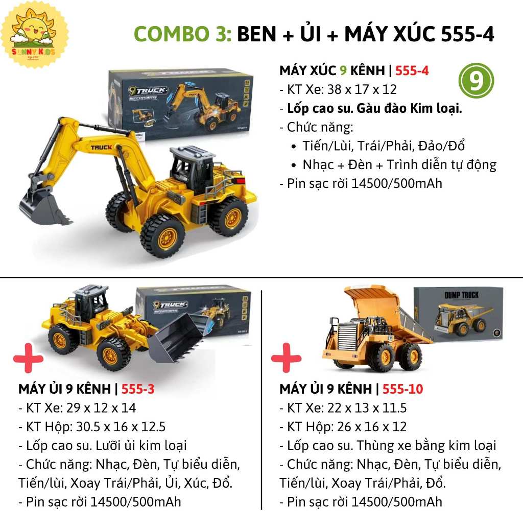 Bộ Đồ Chơi 3 Xe Công Trường Điều Khiển Từ Xa Cao Cấp, Gồm Xe Máy Xúc - Xe Ben - Máy Ủi Nhiều Chức Năng – Sunny Kids