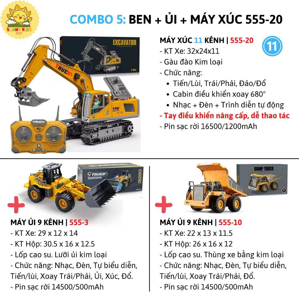 Bộ Đồ Chơi 3 Xe Công Trường Điều Khiển Từ Xa Cao Cấp, Gồm Xe Máy Xúc - Xe Ben - Máy Ủi Nhiều Chức Năng – Sunny Kids