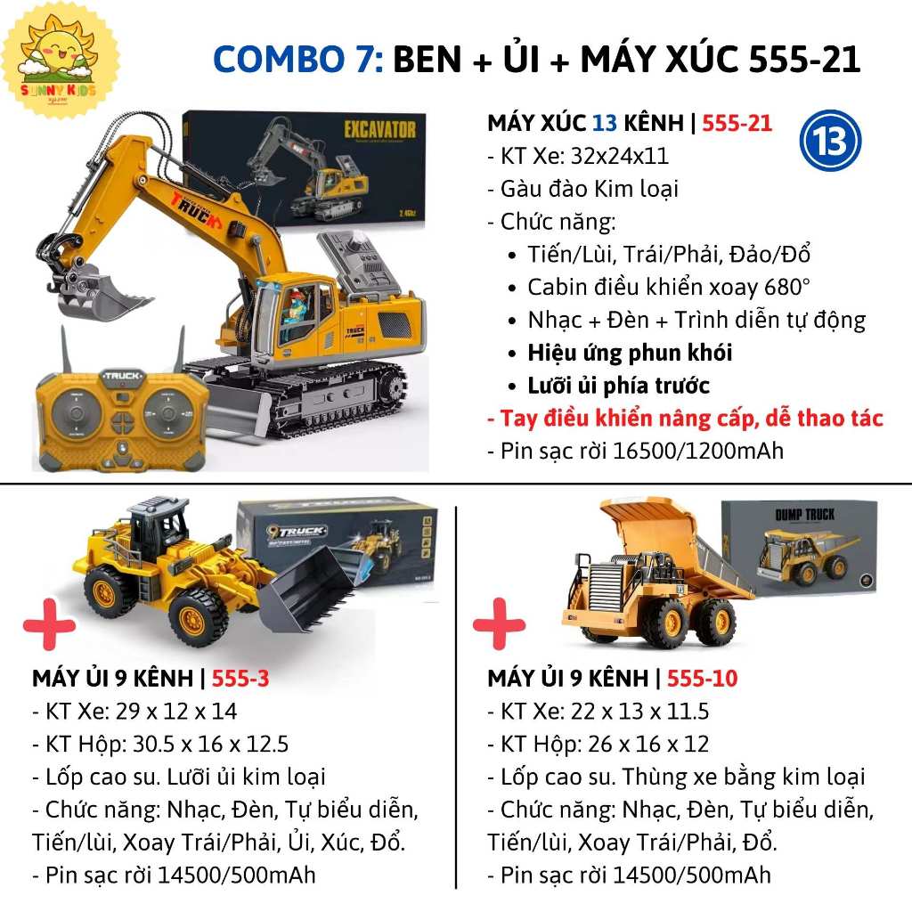 Bộ Đồ Chơi 3 Xe Công Trường Điều Khiển Từ Xa Cao Cấp, Gồm Xe Máy Xúc - Xe Ben - Máy Ủi Nhiều Chức Năng – Sunny Kids