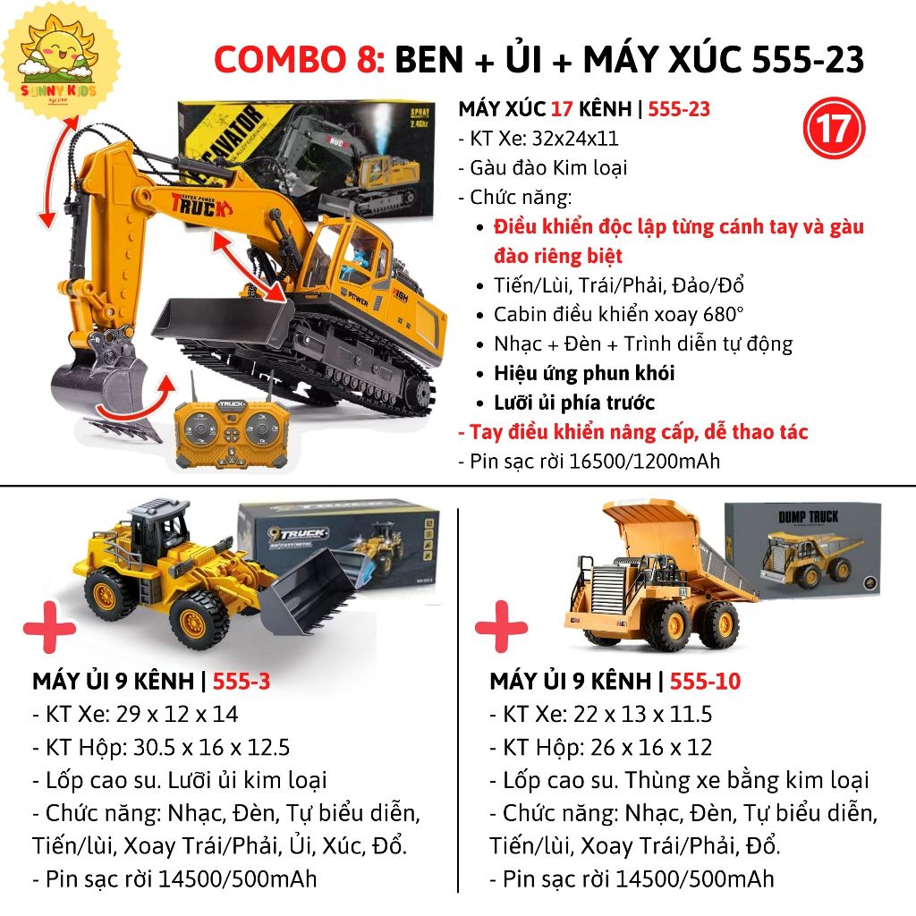 Bộ Đồ Chơi 3 Xe Công Trường Điều Khiển Từ Xa Cao Cấp, Gồm Xe Máy Xúc - Xe Ben - Máy Ủi Nhiều Chức Năng – Sunny Kids
