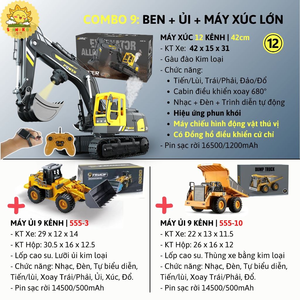 Bộ Đồ Chơi 3 Xe Công Trường Điều Khiển Từ Xa Cao Cấp, Gồm Xe Máy Xúc - Xe Ben - Máy Ủi Nhiều Chức Năng – Sunny Kids