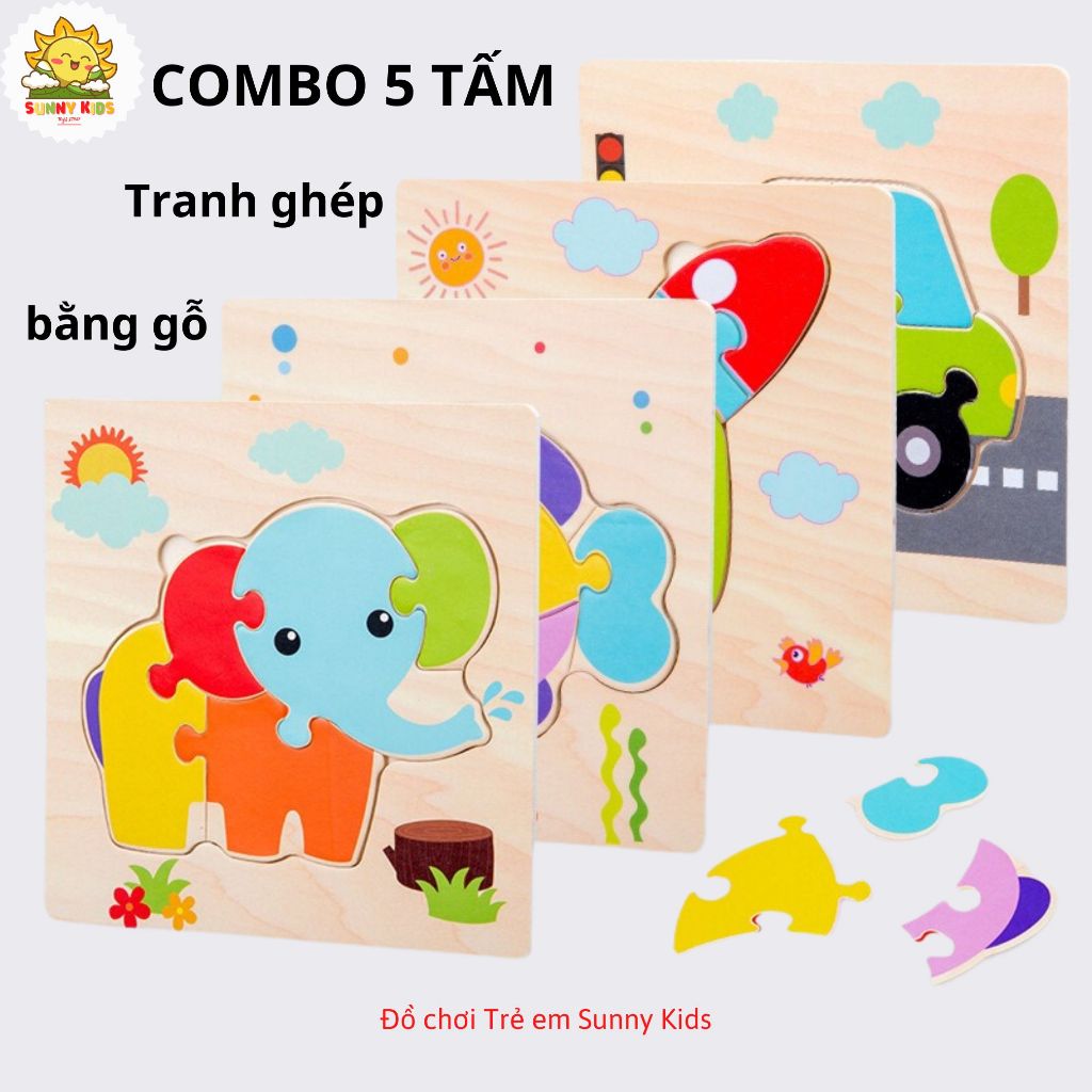 Bộ 5 Và 10 Tấm Tranh Lắp Ghép Bằng Gỗ, Đồ Chơi Gỗ Thông Minh, Bo Tròn Góc Cạnh, Chất Liệu An Toàn Cho Bé - Sunny Kids