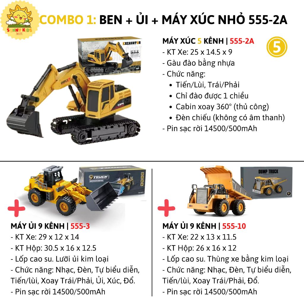 Máy Xúc Điều Khiển Từ Xa Giá Rẻ, 5 Kênh 555-2A Và 6 Kênh 555-1A, Phù Hợp Bé Làm Quen Đồ Chơi Xe Công Trình - Sunny Kids