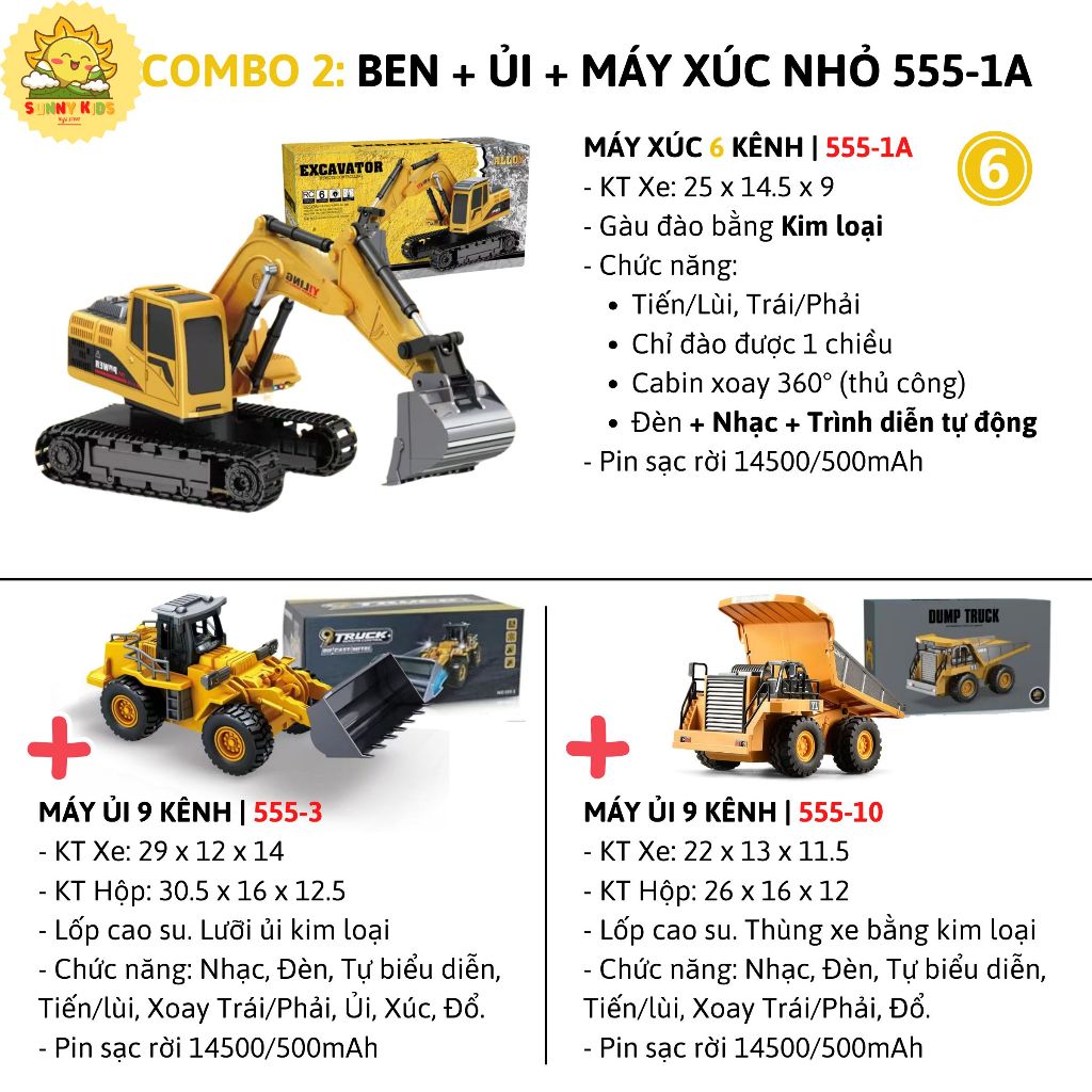 Máy Xúc Điều Khiển Từ Xa Giá Rẻ, 5 Kênh 555-2A Và 6 Kênh 555-1A, Phù Hợp Bé Làm Quen Đồ Chơi Xe Công Trình - Sunny Kids