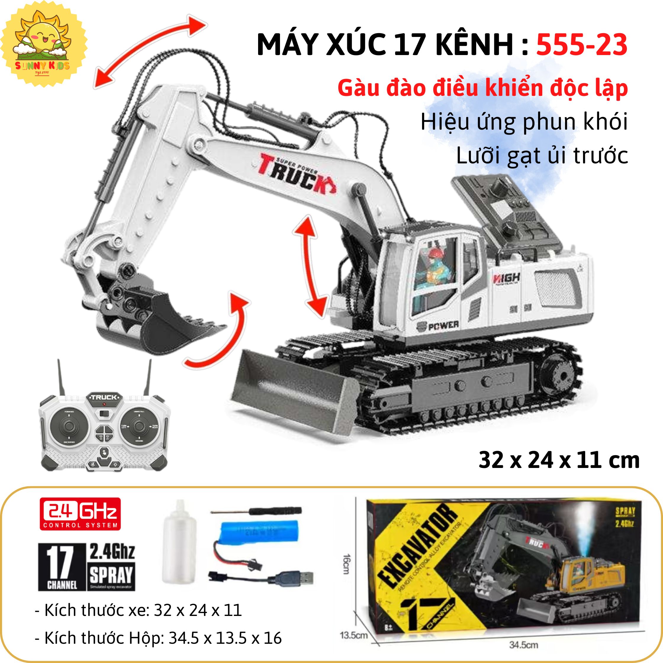 17 KÊNH | Máy Xúc Điều Khiển Từ Xa 555-23 | Điều Khiển Riêng Biệt Từng Đoạn Tay Đào Và Gàu Đào