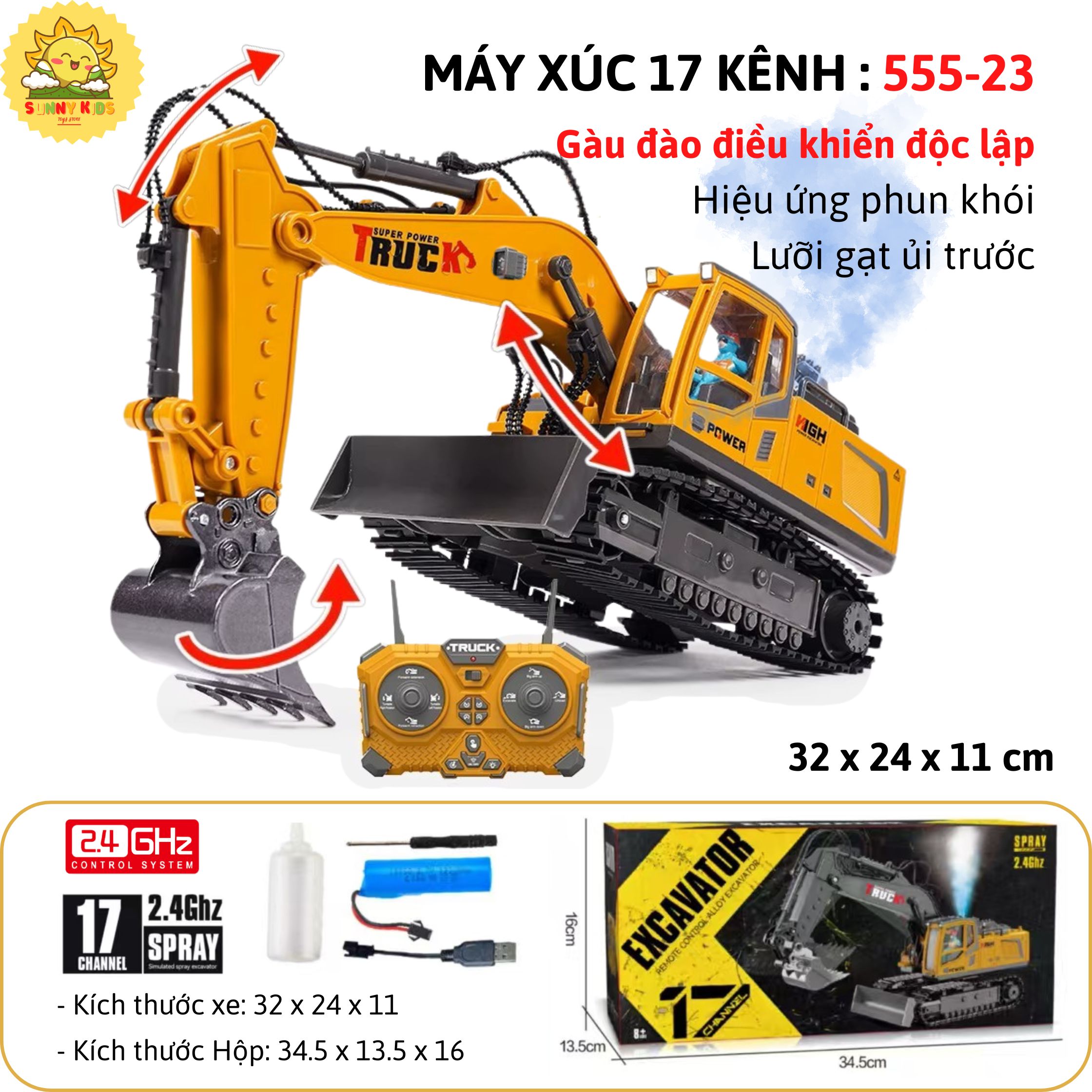 17 KÊNH | Máy Xúc Điều Khiển Từ Xa 555-23 | Điều Khiển Riêng Biệt Từng Đoạn Tay Đào Và Gàu Đào