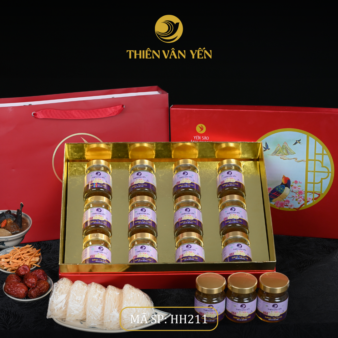 Hộp Quà Tặng 12 Hũ - Tổ Yến Chưng Saffron Tía Tô Đất 3G/ 9G - Đỏ Thiên Sơn - Thiên Vân Yến