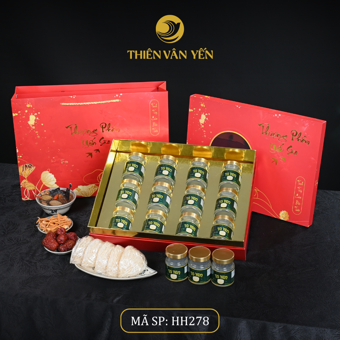 Hộp Quà Tặng 12 Hũ - Tổ Yến Chưng Đường Phèn 1G/ 3G/ 9G - Đỏ Hoa Sen - Thiên Vân Yến