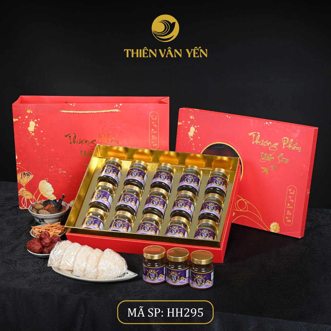 Hộp Quà Tặng 15 Hũ - Tổ Yến Chưng Saffron Tía Tô Đất 3G/ 9G - Đỏ Hoa Sen - Thiên Vân Yến