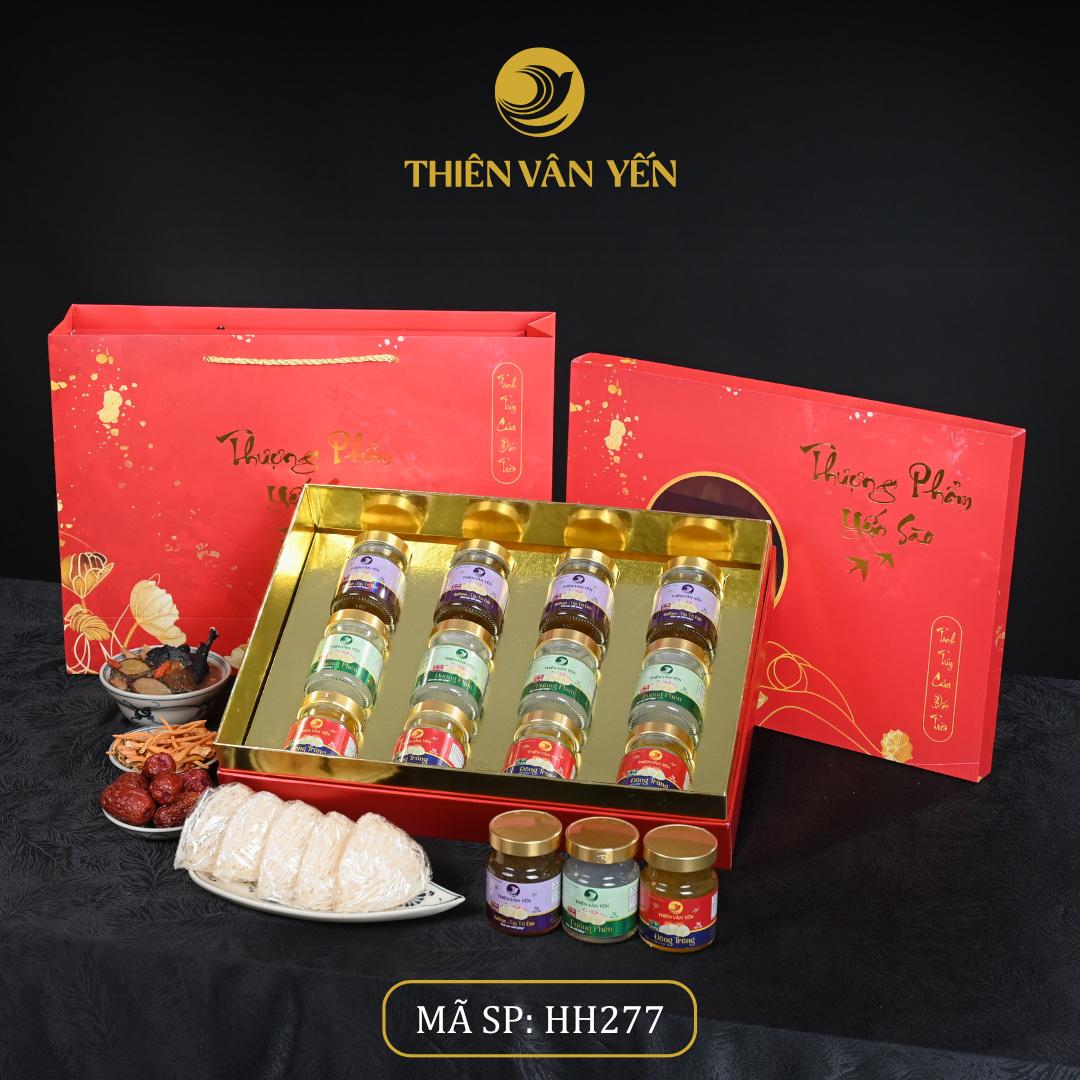 Hộp Quà Tặng 12 Hũ - Mix 3 Vị 3G (4ĐT, 4ĐP, 4SF) - Đỏ Hoa Sen - Thiên Vân Yến