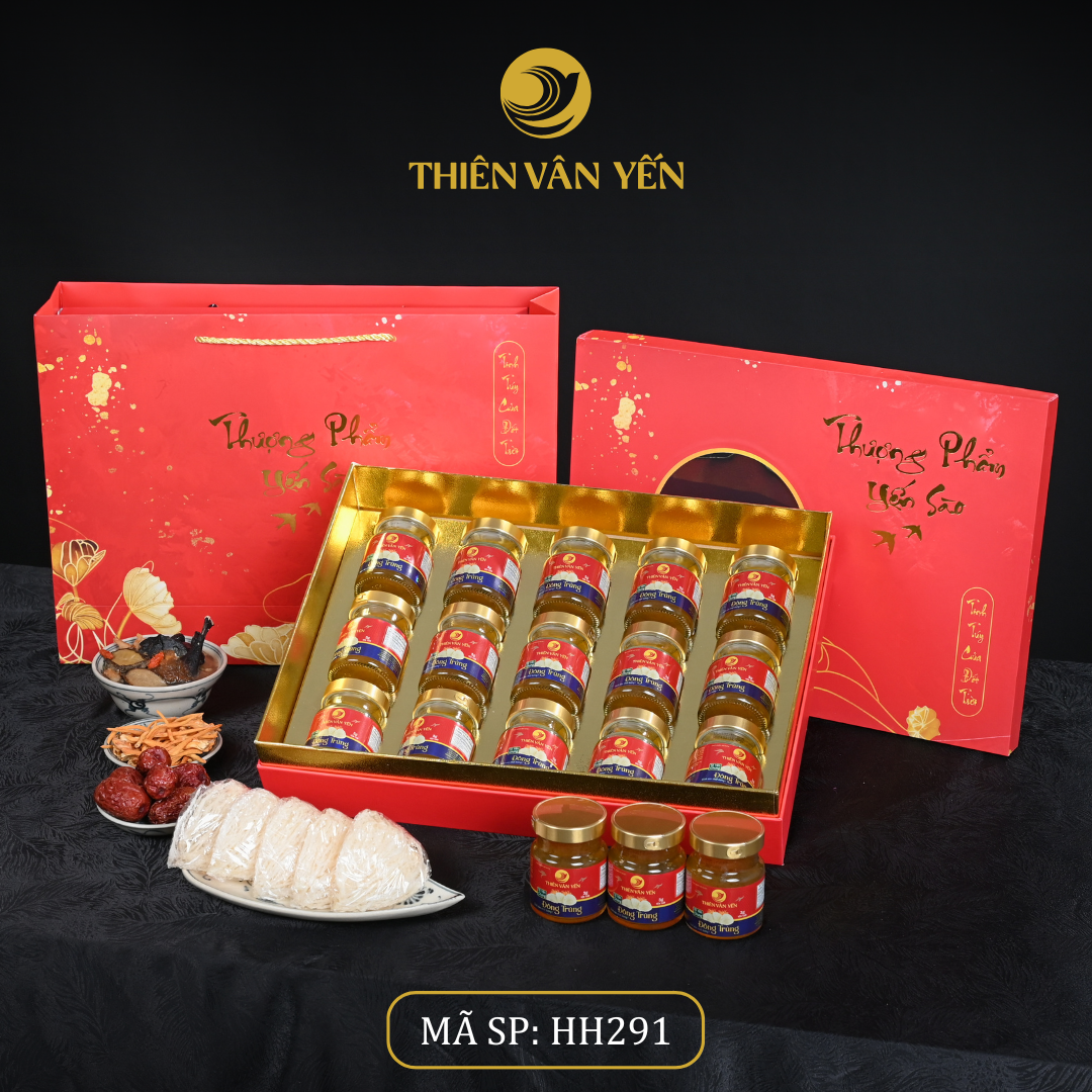 Hộp quà tặng 15 hũ - Tổ yến chưng đông trùng 1G/ 3G/ 9G - Đỏ Hoa Sen - Thiên Vân Yến