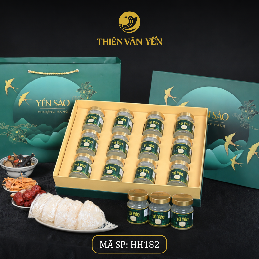 Hộp quà tặng 12 hũ - Thiên Vân Yến - Tổ yến chưng đường phèn 1g - Xanh