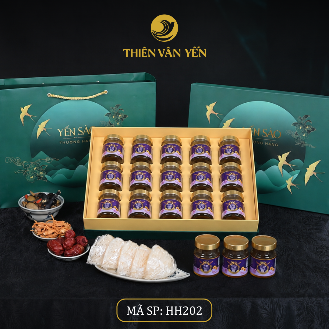 Hộp quà tặng 15 hũ - Thiên Vân Yến - Tổ yến chưng Tía tô đất Saffron 9g - Xanh