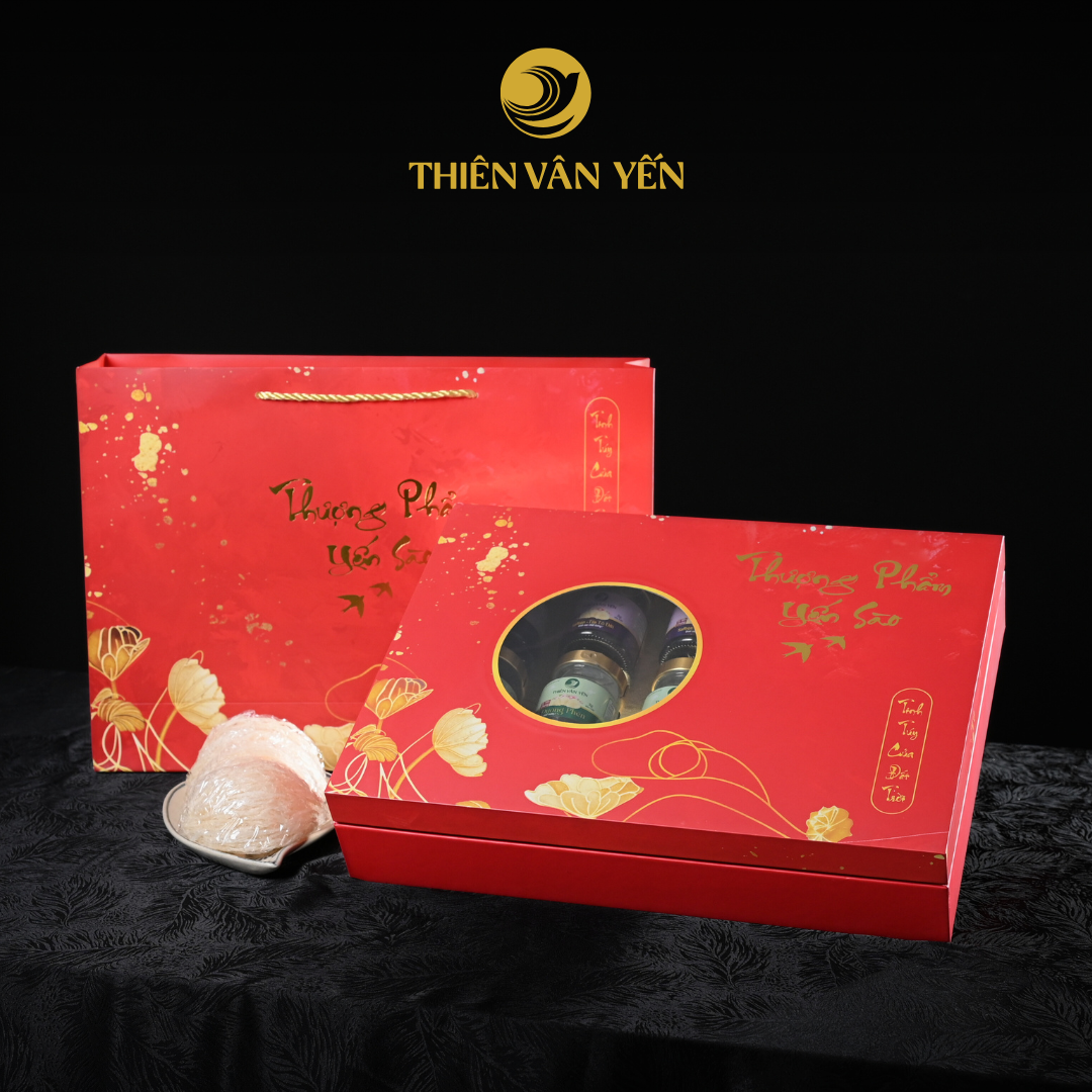 Hộp Quà Tặng 15 Hũ - Mix 3 Vị 9G ( 5ĐT, 5ĐP, 5SF) - Đỏ Hoa Sen - Thiên Vân Yến