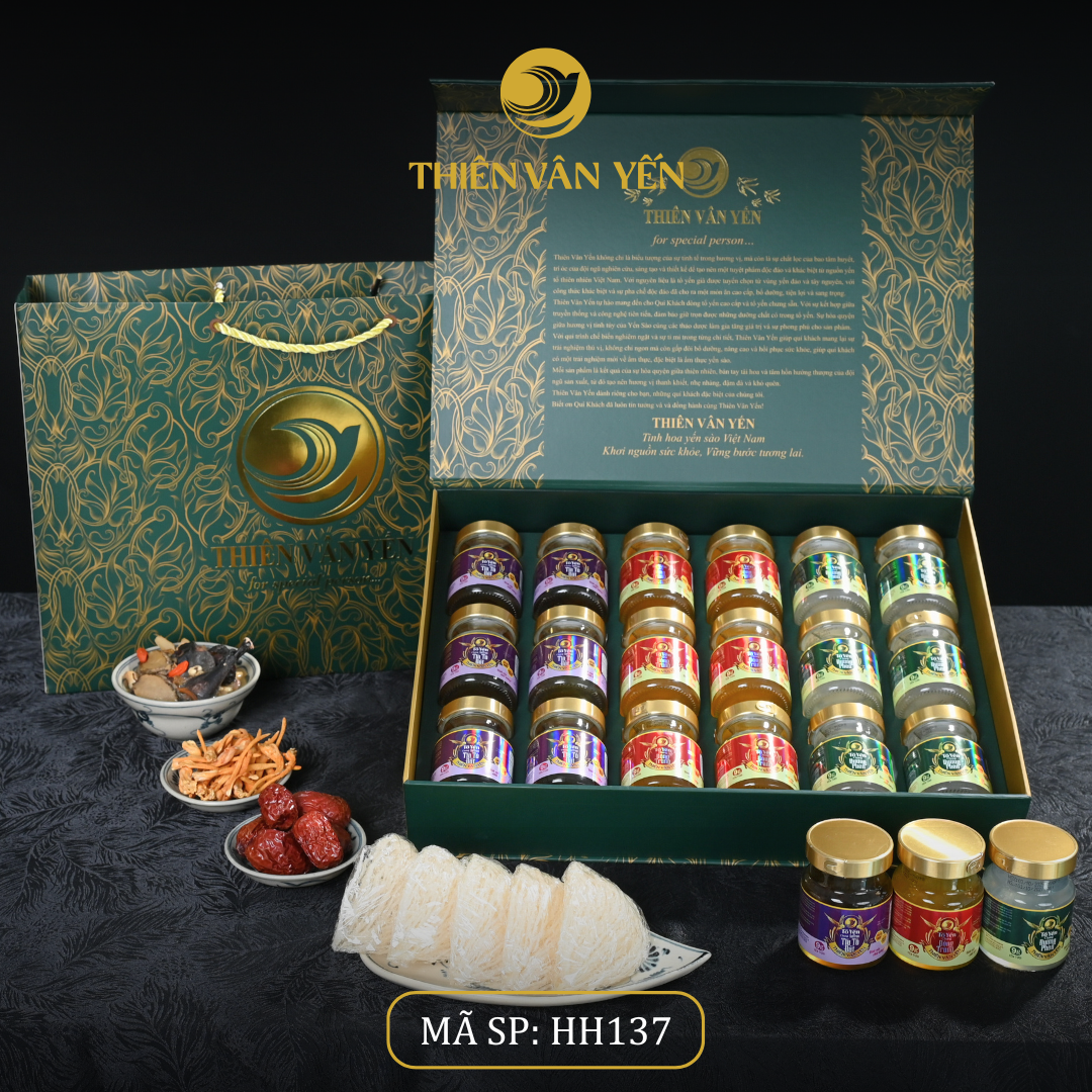 Hộp quà tặng 18 hũ 9g, mix 3 vị ( 6ĐP, 6ĐT, 6SF) - Hoàng gia - Thiên Vân Yến