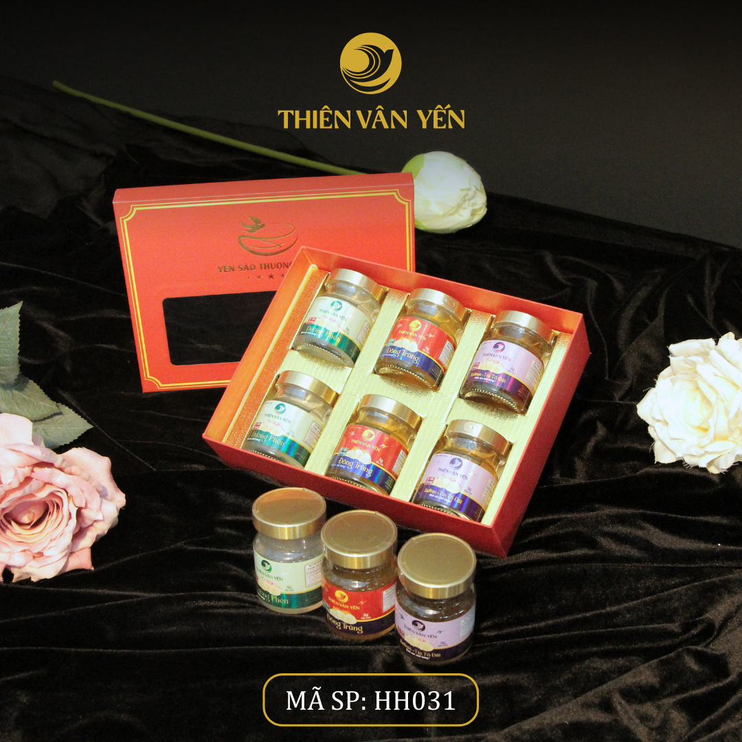 Hộp Quà Tặng 6 Hũ - MIX 3 vị 3g (Đường Phèn, Đông Trùng, Saffron) - Thiên Vân Yến
