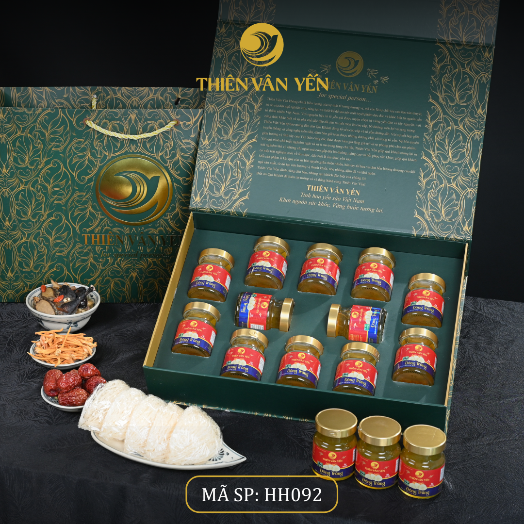 Hộp quà tặng 12 hũ - Tổ yến chưng Đông trùng 1G/ 3G/ 9G - Hoàng gia - Thiên Vân Yến